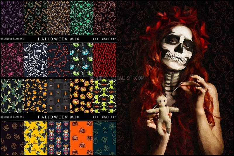 100种万圣节无缝图案背景素材,AI PAT格式